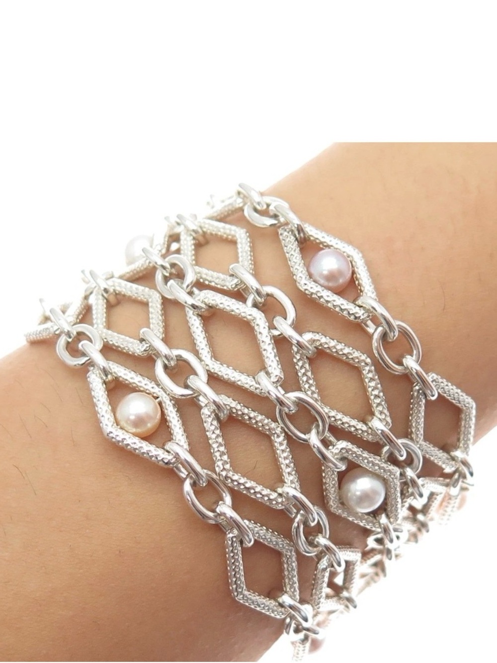 CHARLES KRYPELL 14K White Gold & Sterling Genuine Pearl Bracelet  7.3 in